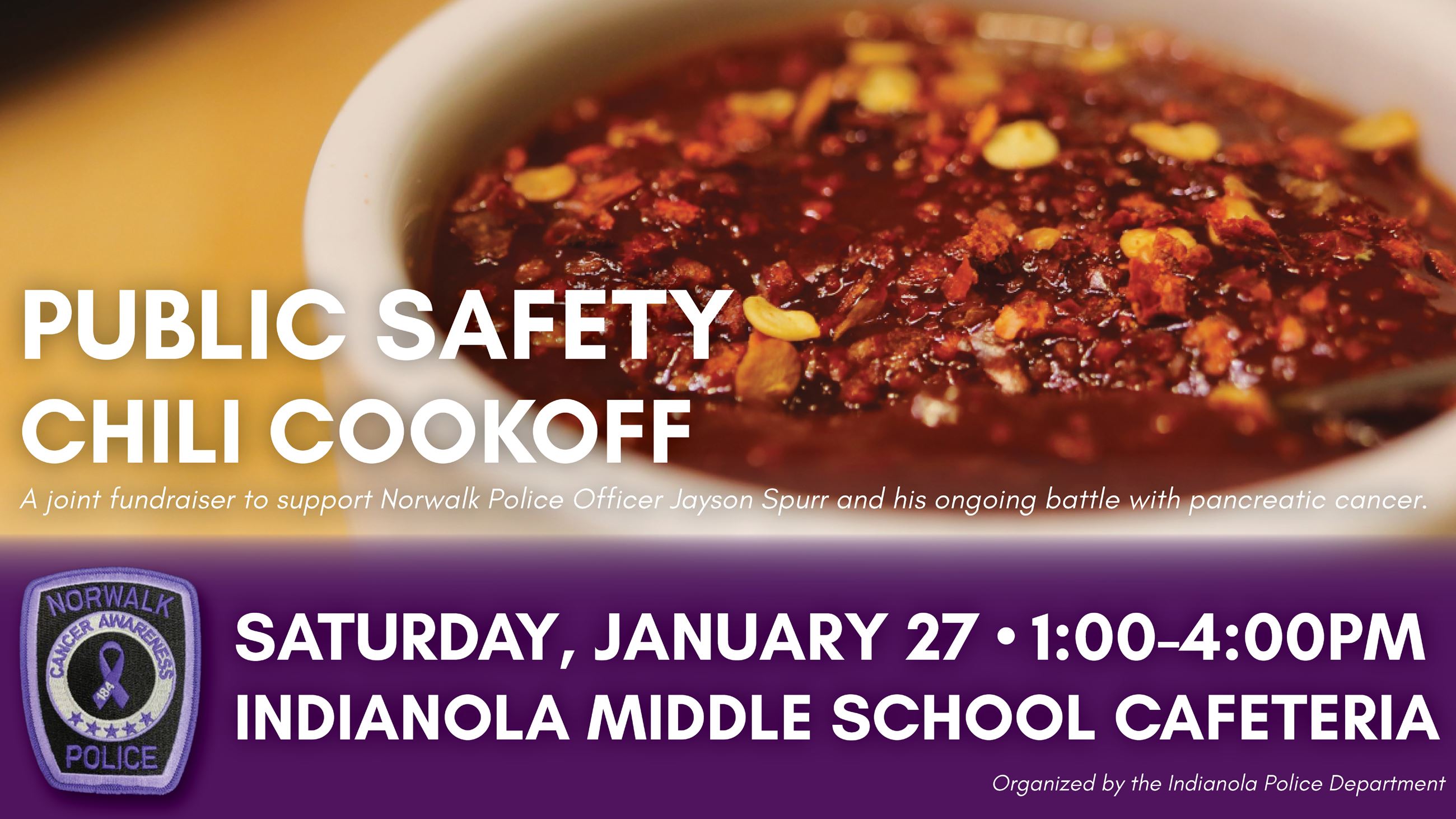 Public Safety Chili Cookoff is 1-4 p.m. January 27, 2024, at the Indianola Middle School Cafeteria.