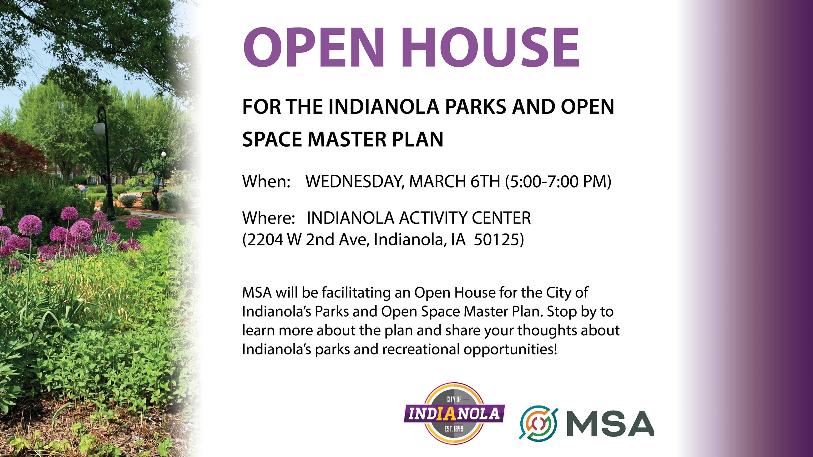 Indianola Parks & Open Space Open House on March 6, 2024, from 5-7 p.m. at Indianola Activity Center