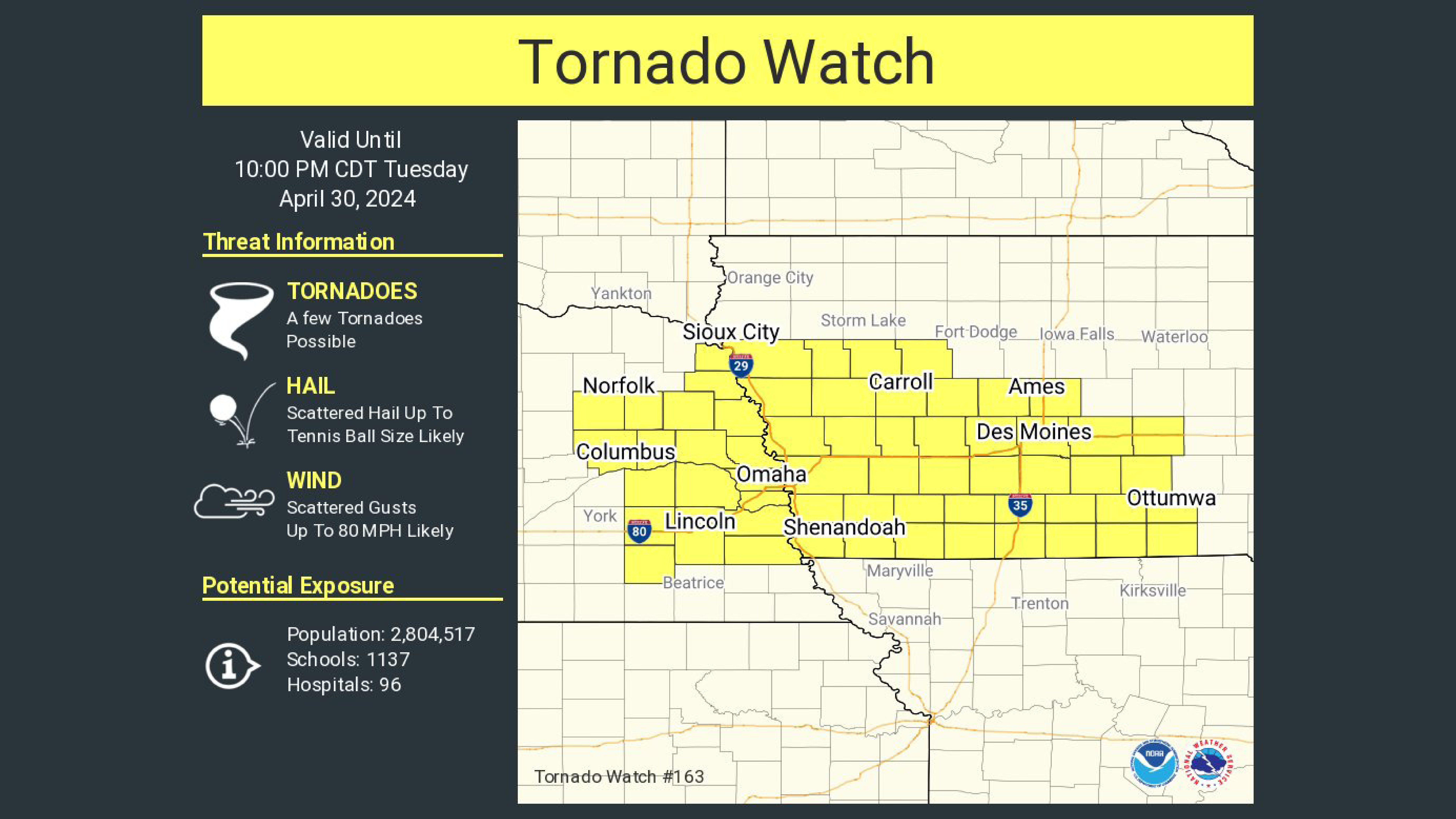 A tornado watch has been issued for Indianola and Warren County until 10 p.m. April 30, 2024.