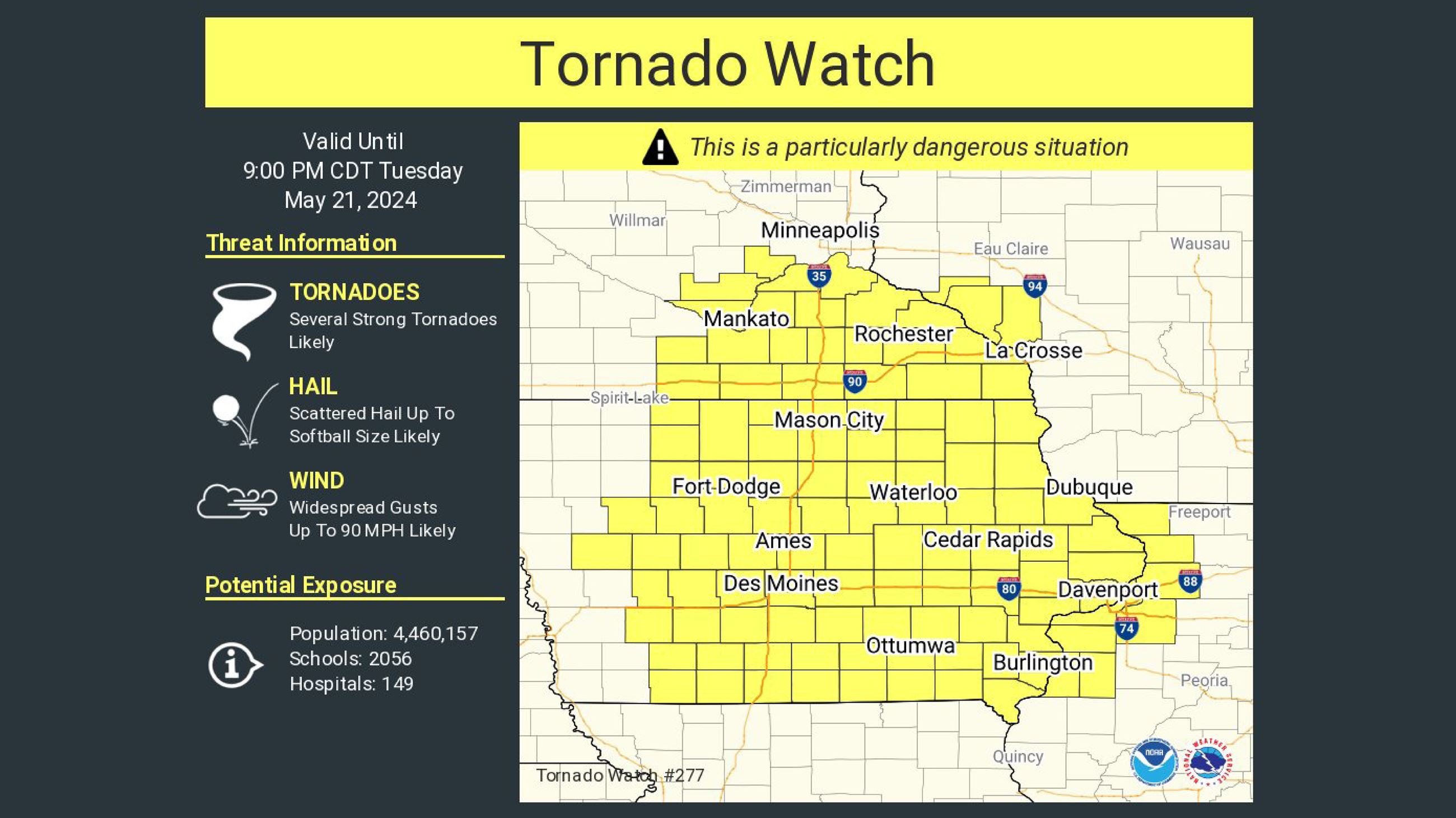 A tornado watch has been issued for Indianola and Warren County until 9 p.m. Tuesday, May 21, 2024.