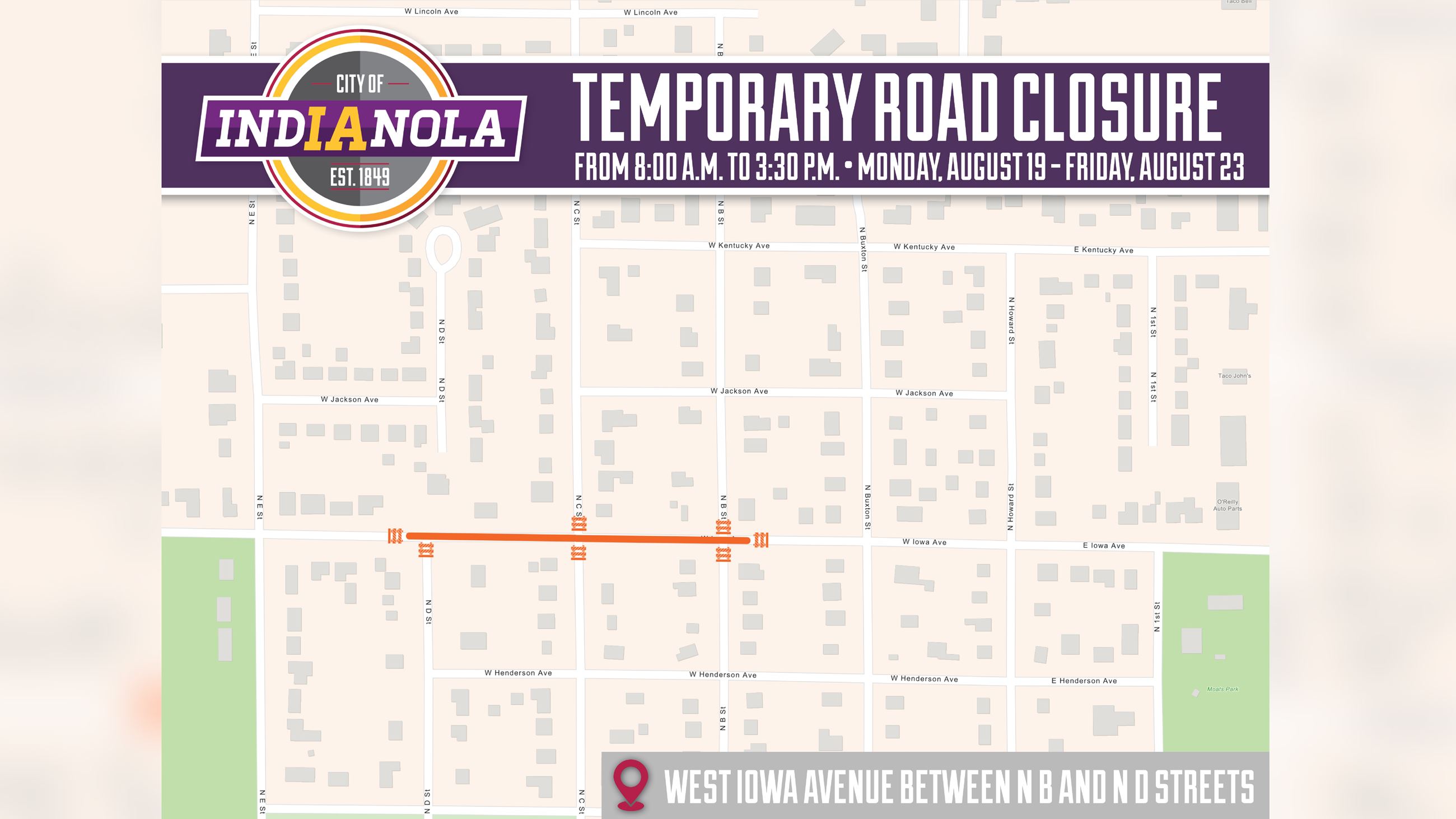 Temporary Road Closure at West Iowa Avenue from August 19-23