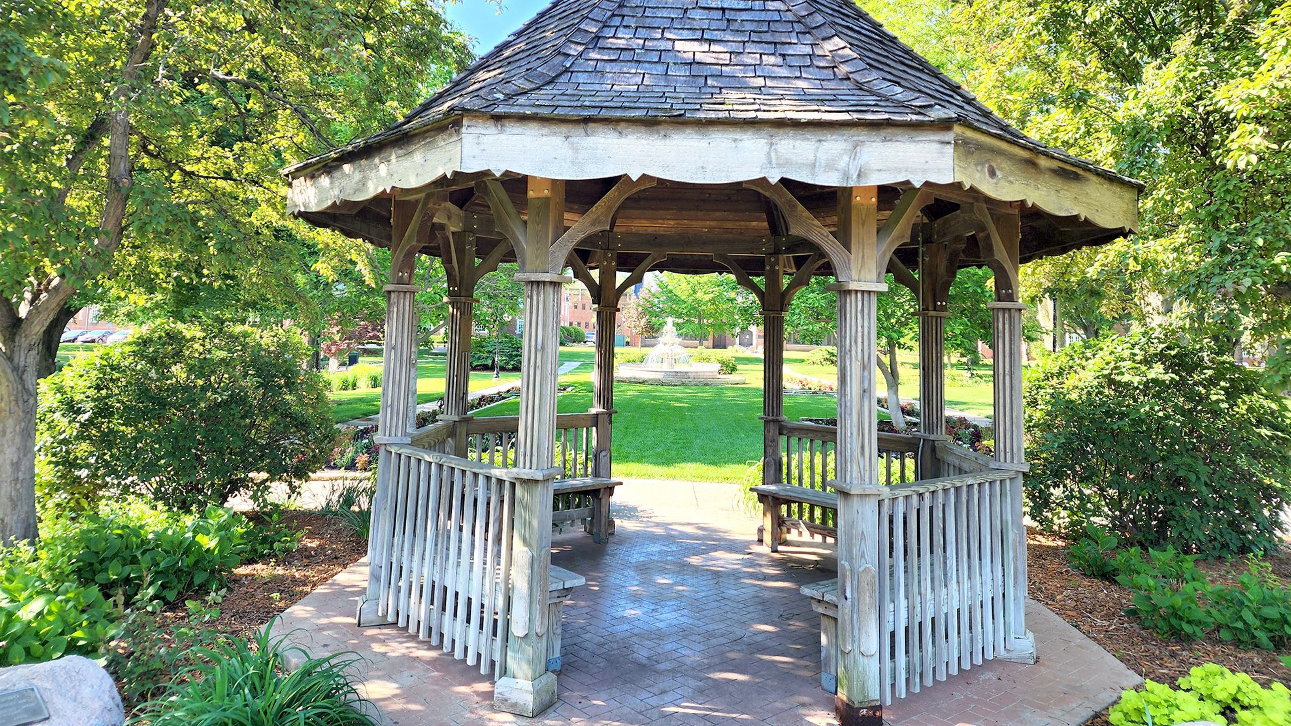 A photo of the Buxton Park gazebo at historic Buxton Park in Indianola, Iowa.