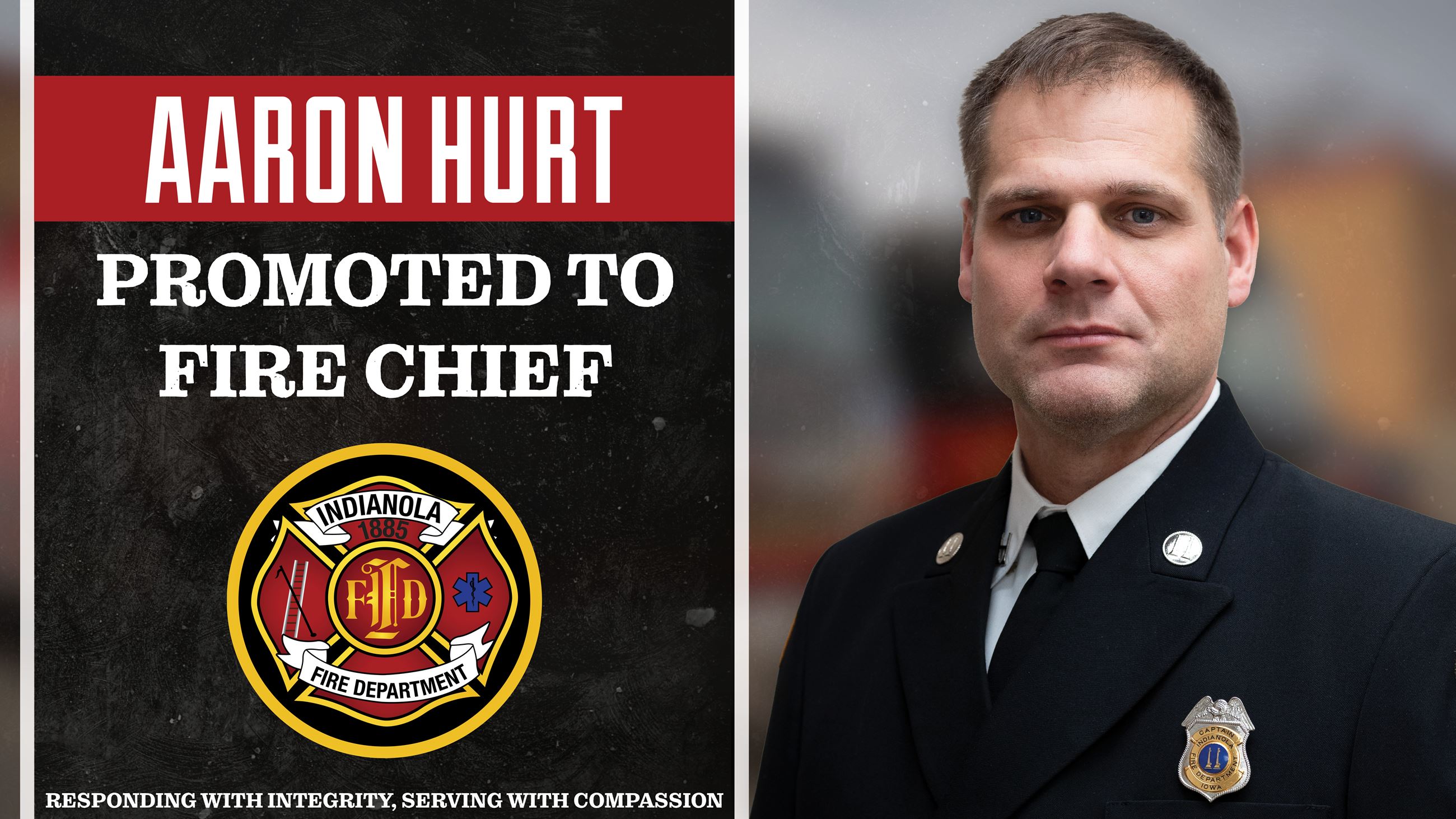A composite image of Aaron Hurt announced as the new Indianola fire chief.