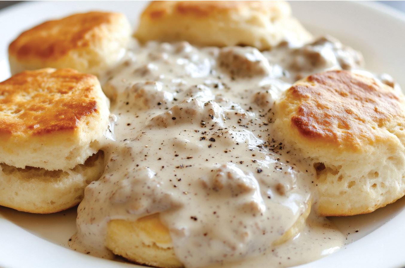 Sausage, biscuits and gravy on a plate.