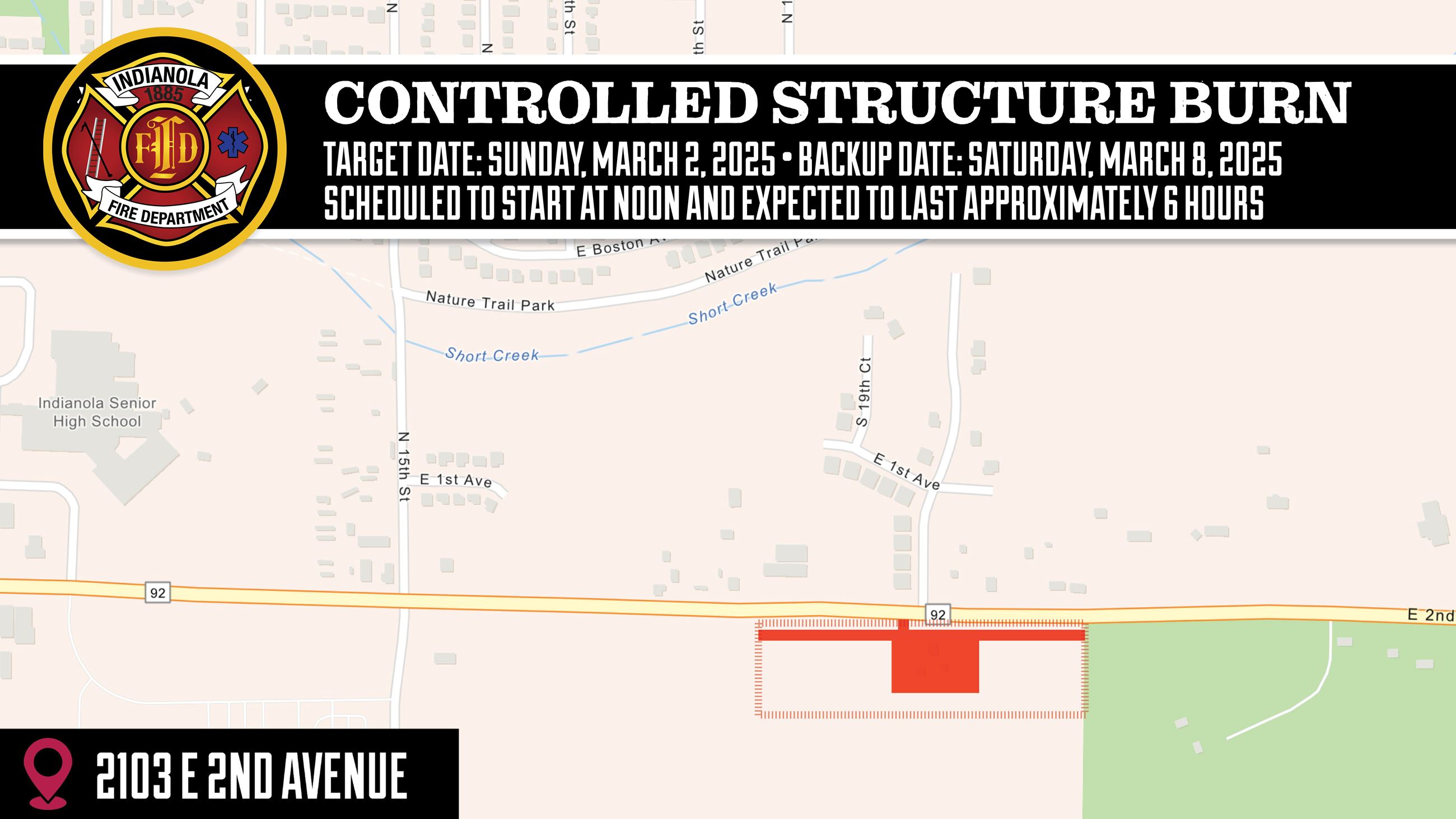 Aerial map view of the location for the controlled structure burn at 2103 E 2nd Ave on March 2.