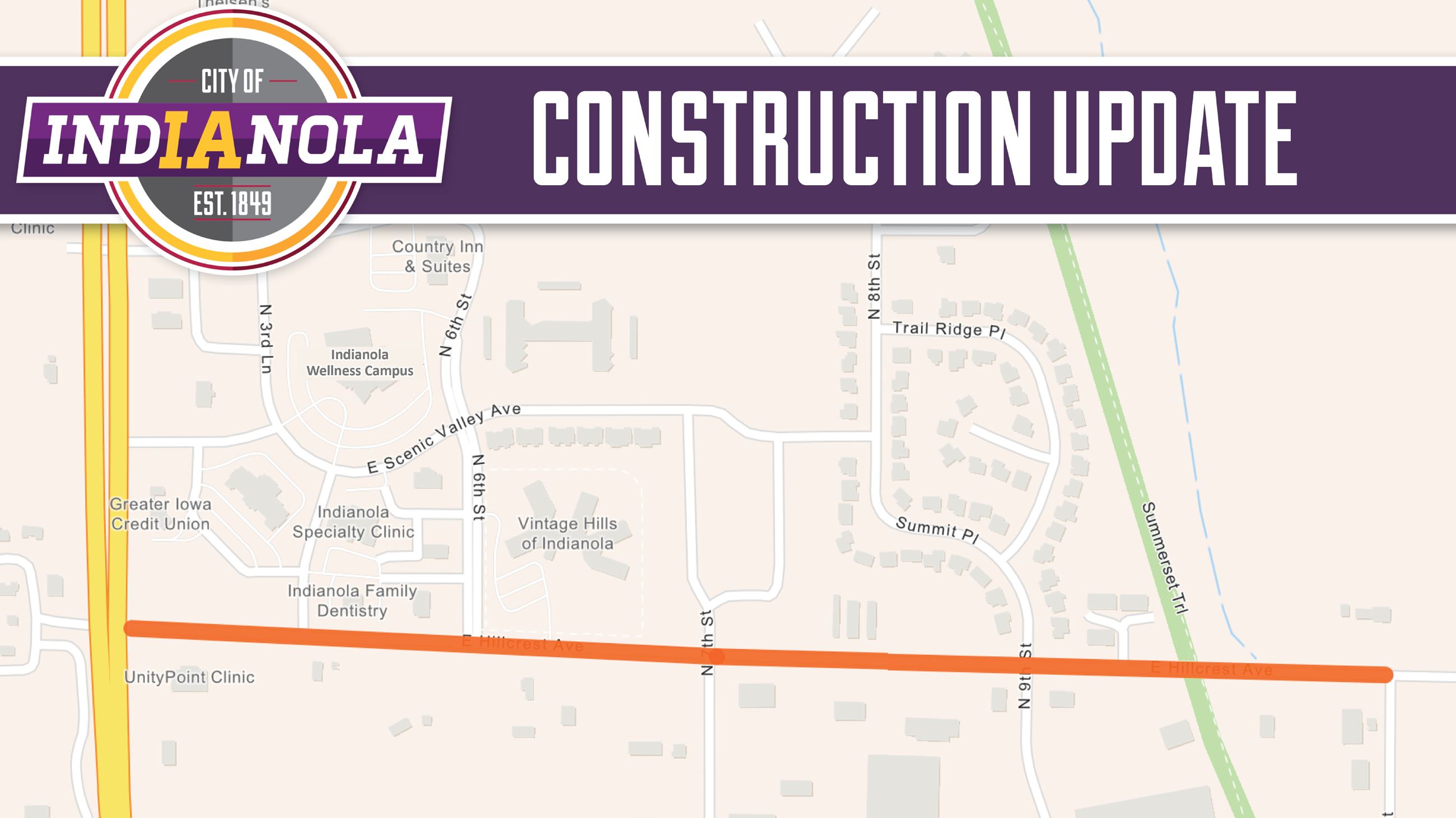 Aerial map overview of improvements being made along East Hillcrest Avenue in Indianola, Iowa.
