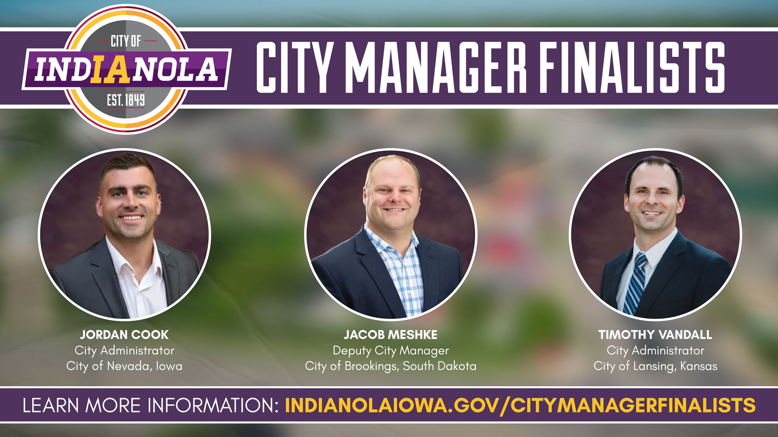 Photos of three men and suits who are finalists for the city manager position for the Indianola.