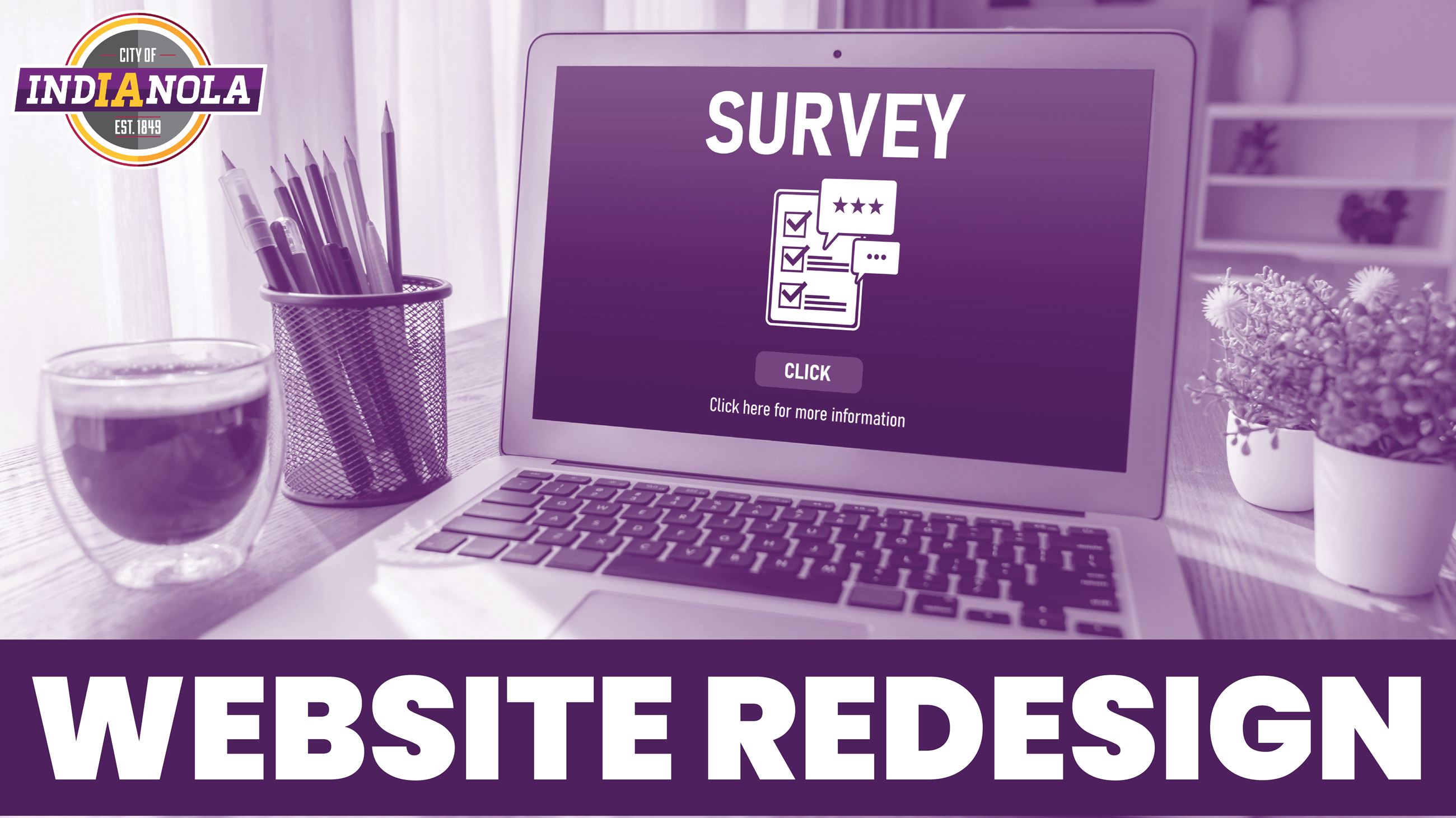 A computer with a survey as its screen to promote a website redesign for the City of Indianola.