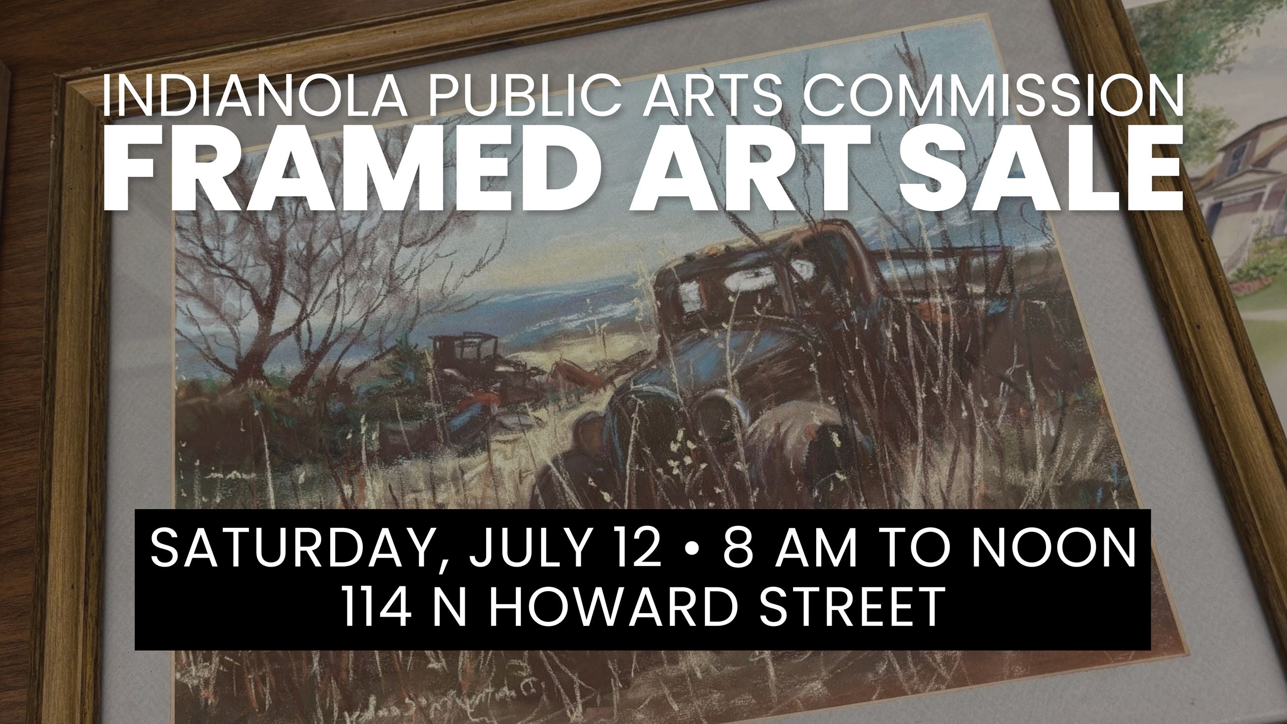 A framed watercolor painting promoting the Indianola Public Arts Commission art sale on July 12.
