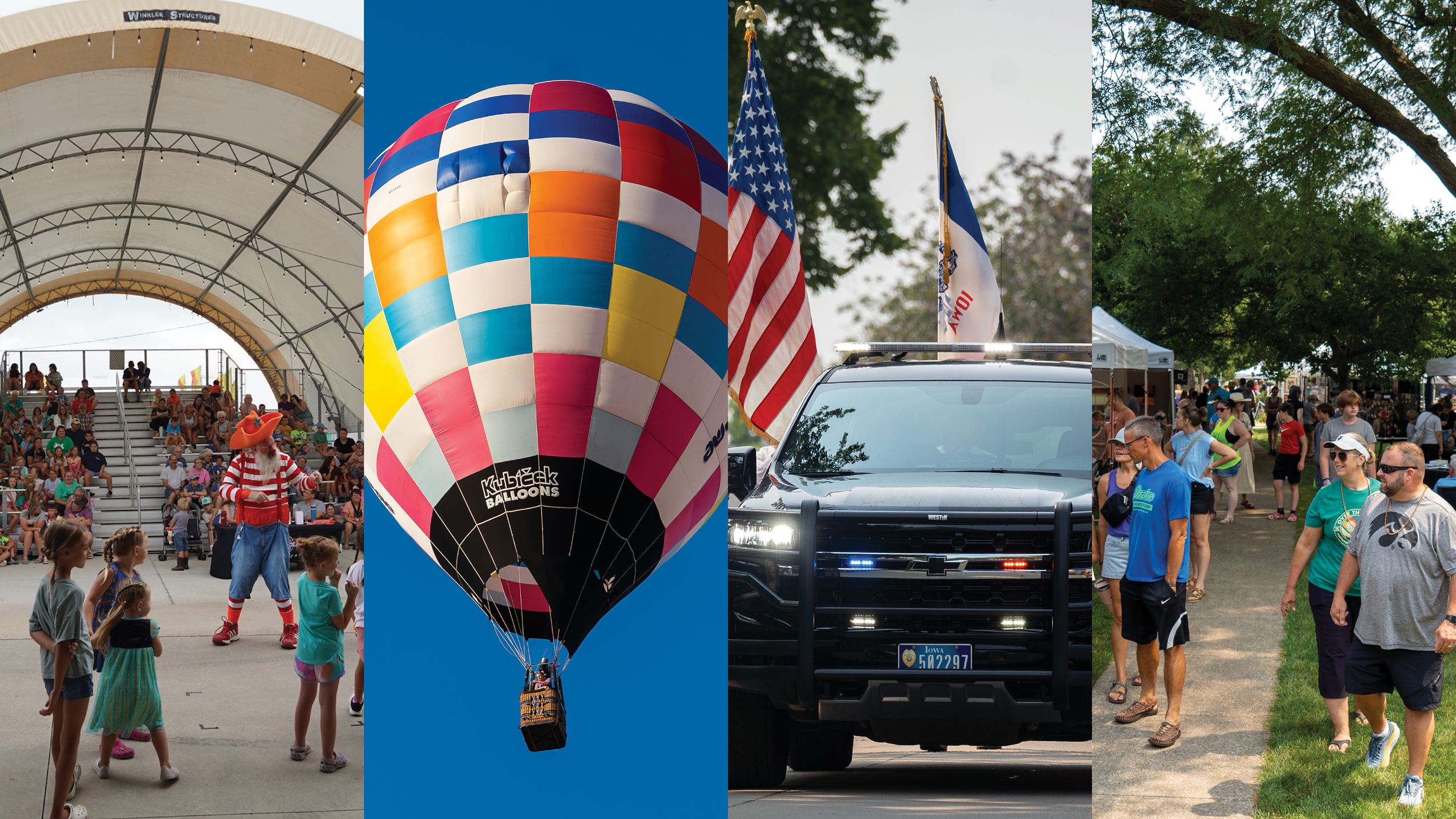 Photo collage of balloons, parades, county fair and festivals in Indianola, Iowa.