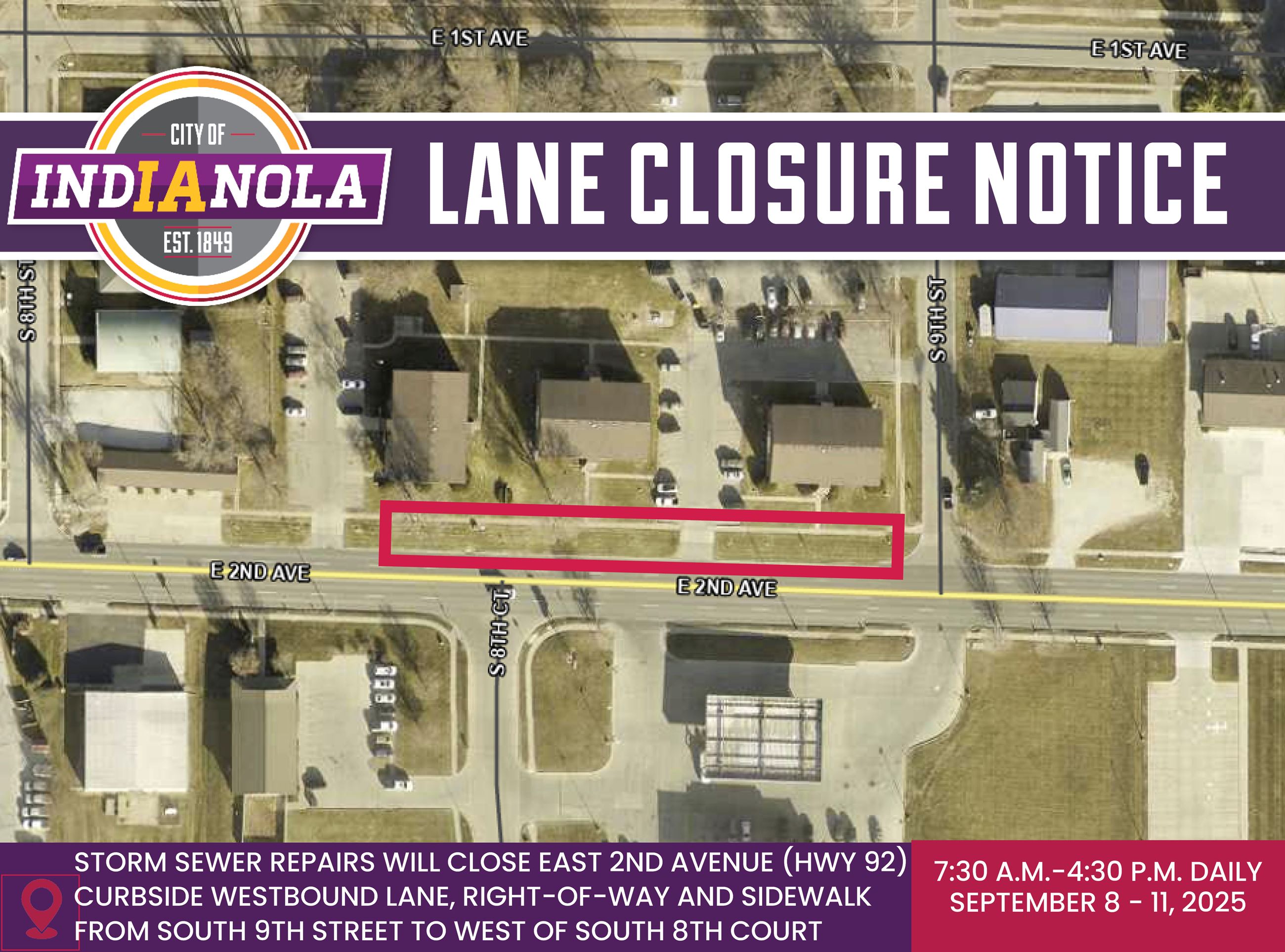 Map showing westbound curbside lane and sidewalk along E. 2nd Ave from South 9th St & west closes