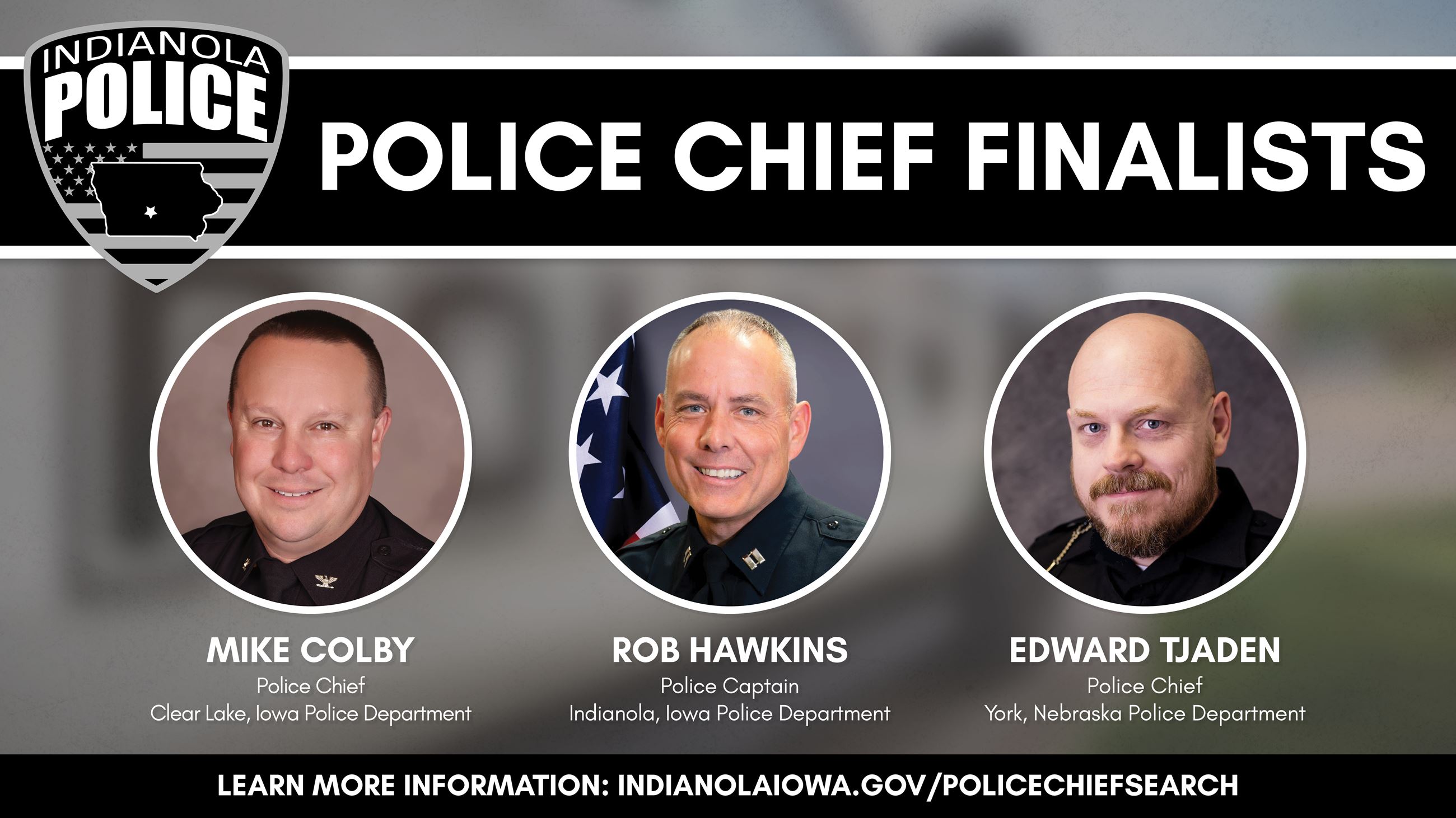 A composite of three portraits of different people for the vacant Indianola Police Chief position.