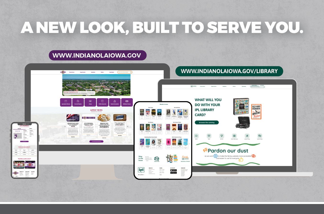 Multiple devices show the new homepages for the City of Indianola and Public Library websites.