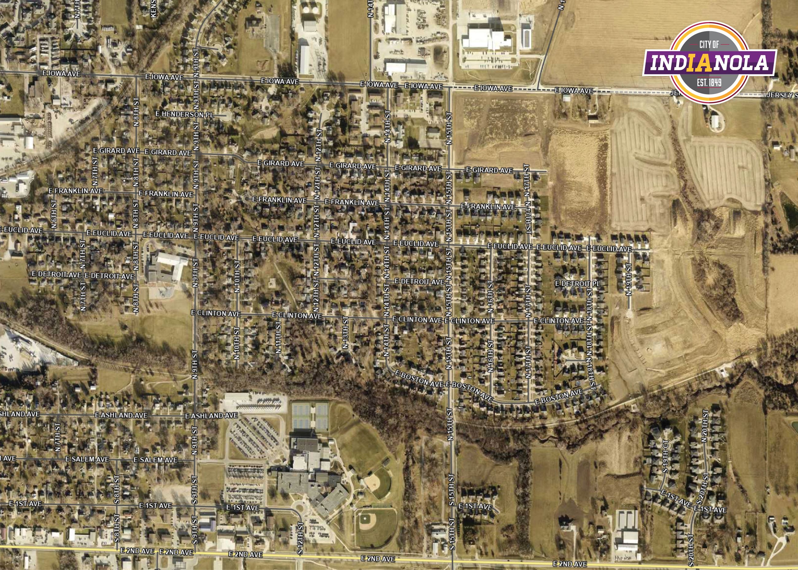 An aerial view of the area where sanitary sewer operations will take place beginning April 8, 2024.