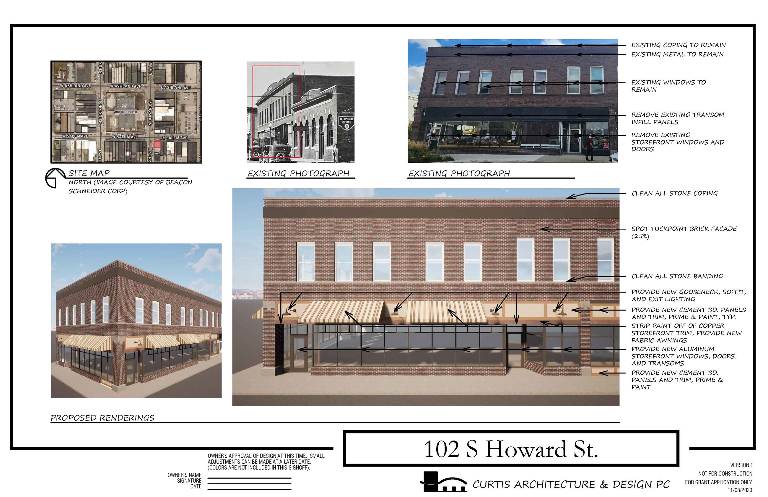 Project information and preliminary renderings for 102 S Howard Street for the CBDG grant.