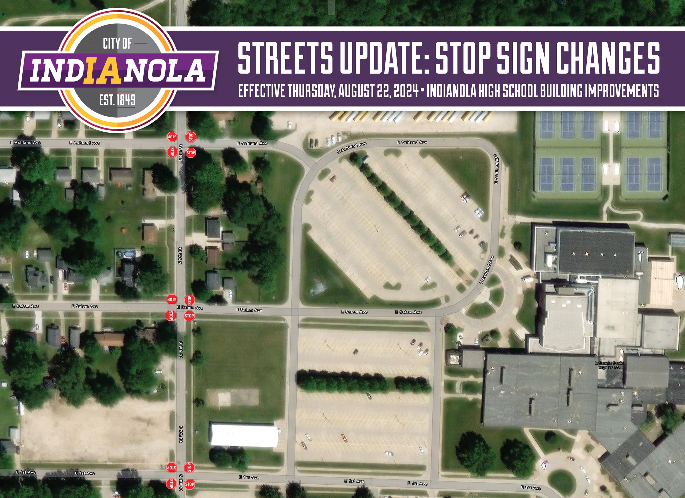 An aerial view of the stop sign changes taking effect starting Thursday, August 22, 2024.