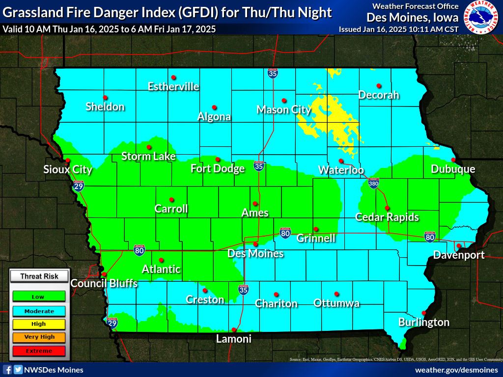 Grassland Fire Danger Index shows the state of Iowa and areas that impose different risk levels.