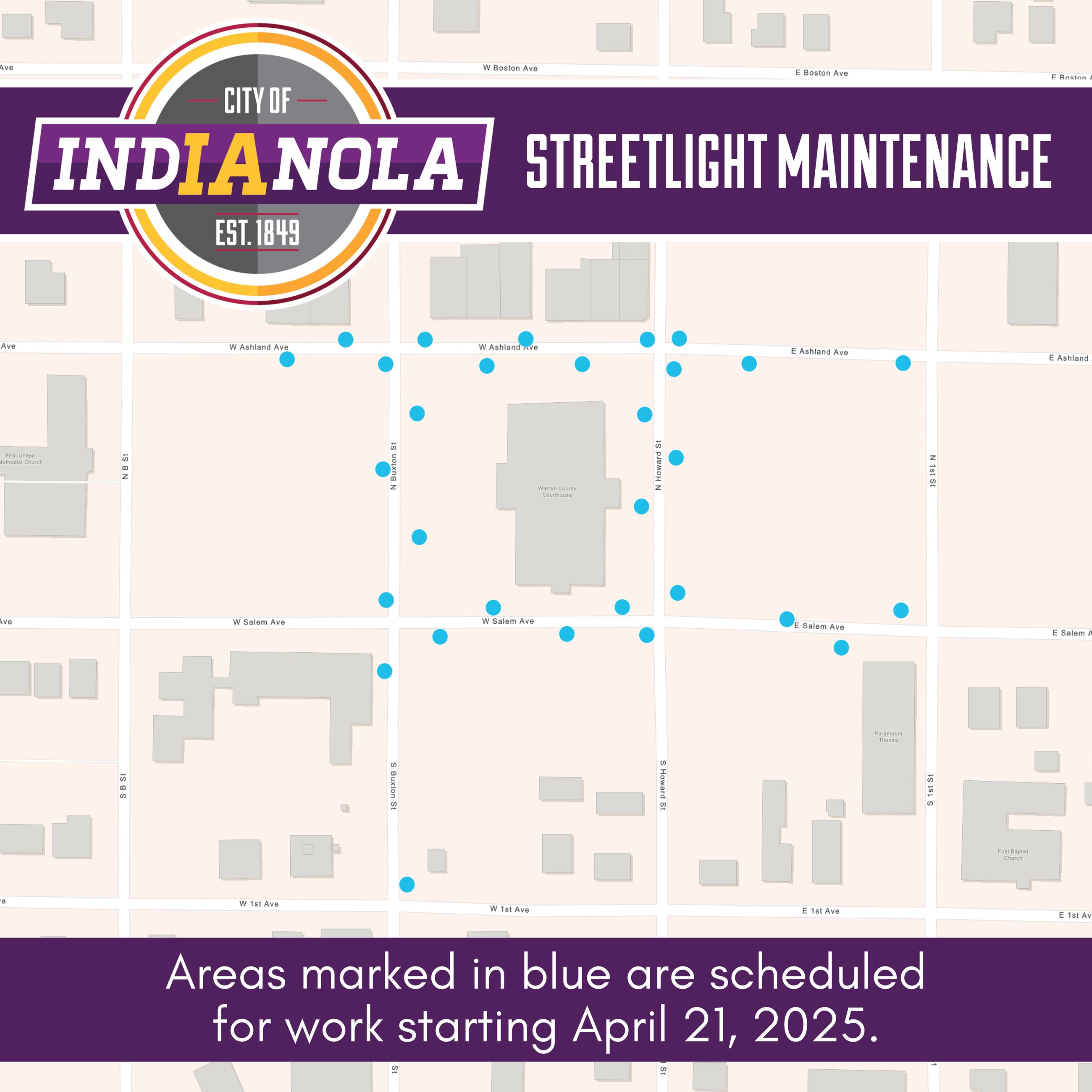 A map of the Indianola Square with blue circles indicating lights to be worked on starting April 21.