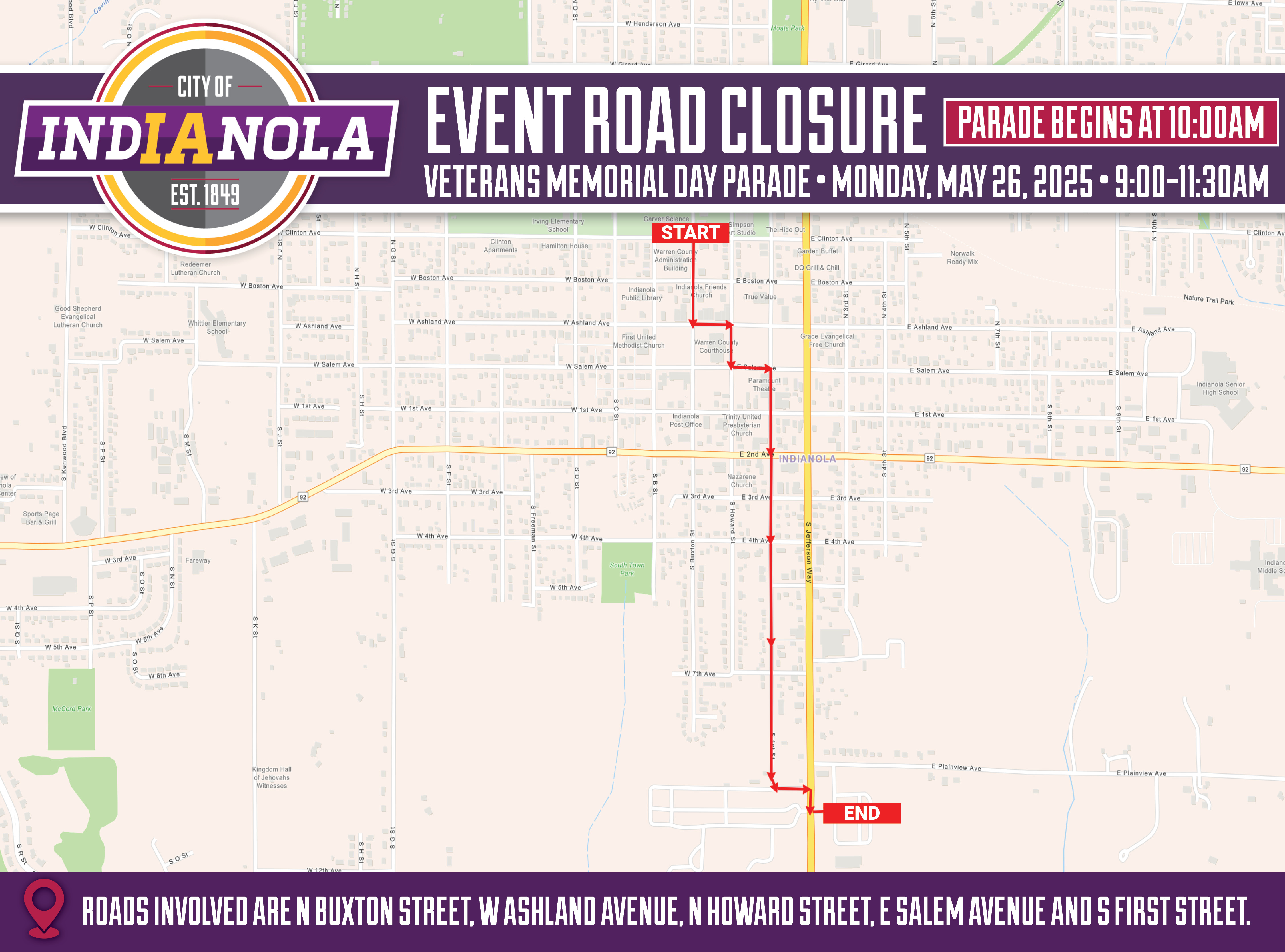 Aerial map overview of the Veterans Memorial Day Parade in Indianola, Iowa, on Monday, May 26, 2025.