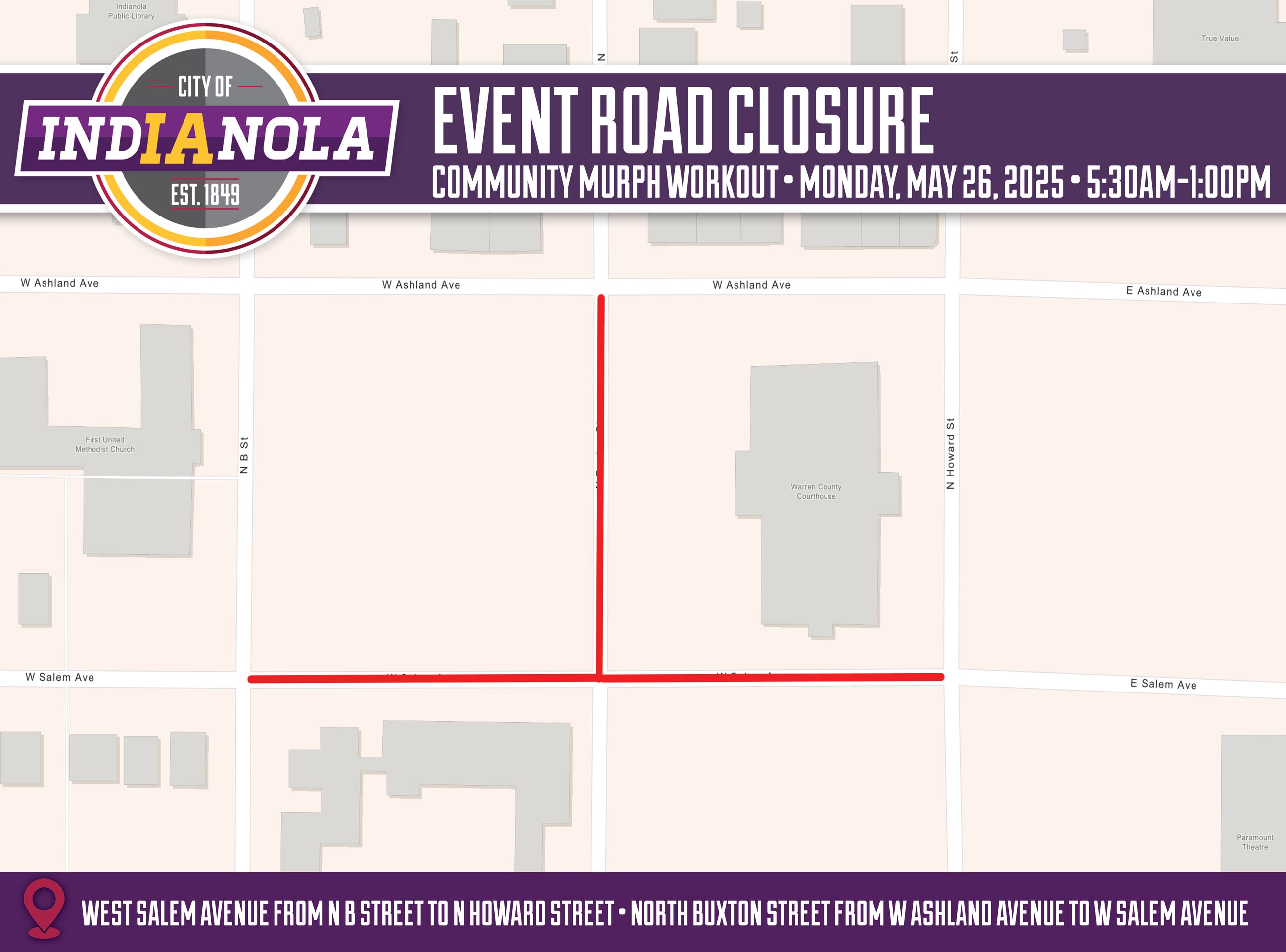Aerial map overview of the Community Murph Workout in Indianola, Iowa, on Monday, May 26, 2025.