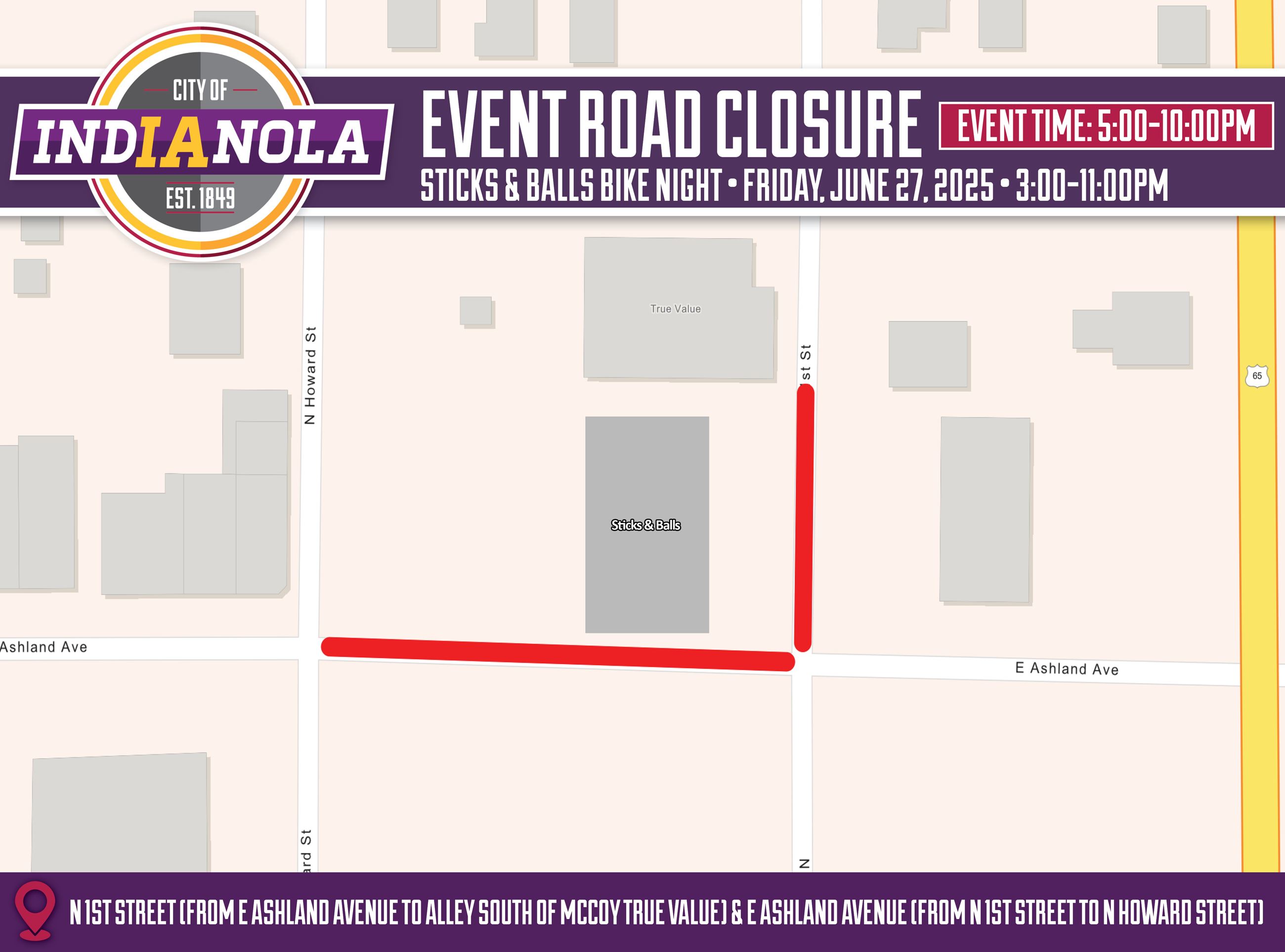 Aerial map overview of the Sticks & Balls Bike Night in Indianola, Iowa, on Friday, June 27, 2025.
