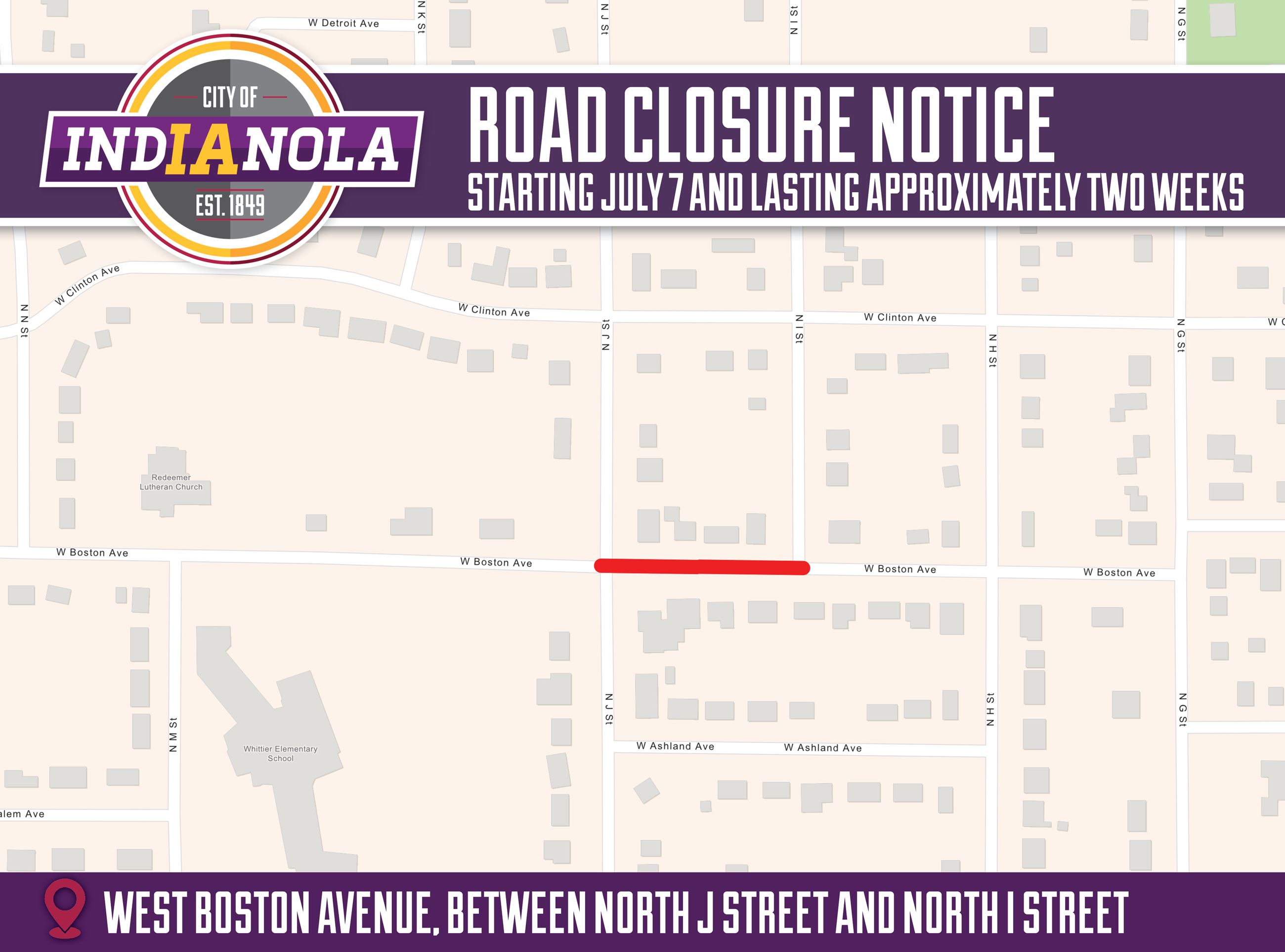 An aerial map of a road closure at West Boston Avenue between N I and N J streets in Indianola.