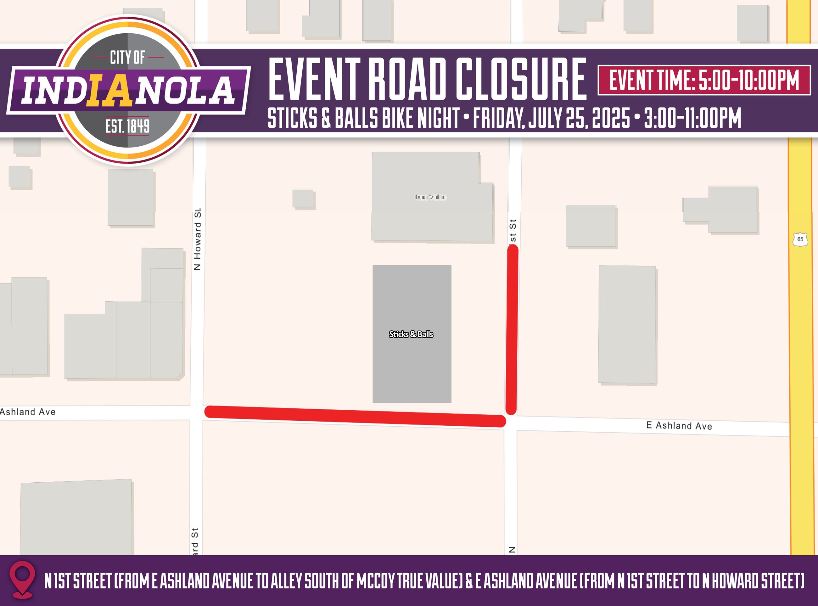 Aerial of road closures for Sticks & Balls Bike Night in Indianola, Iowa, on Friday, July 25, 2025.