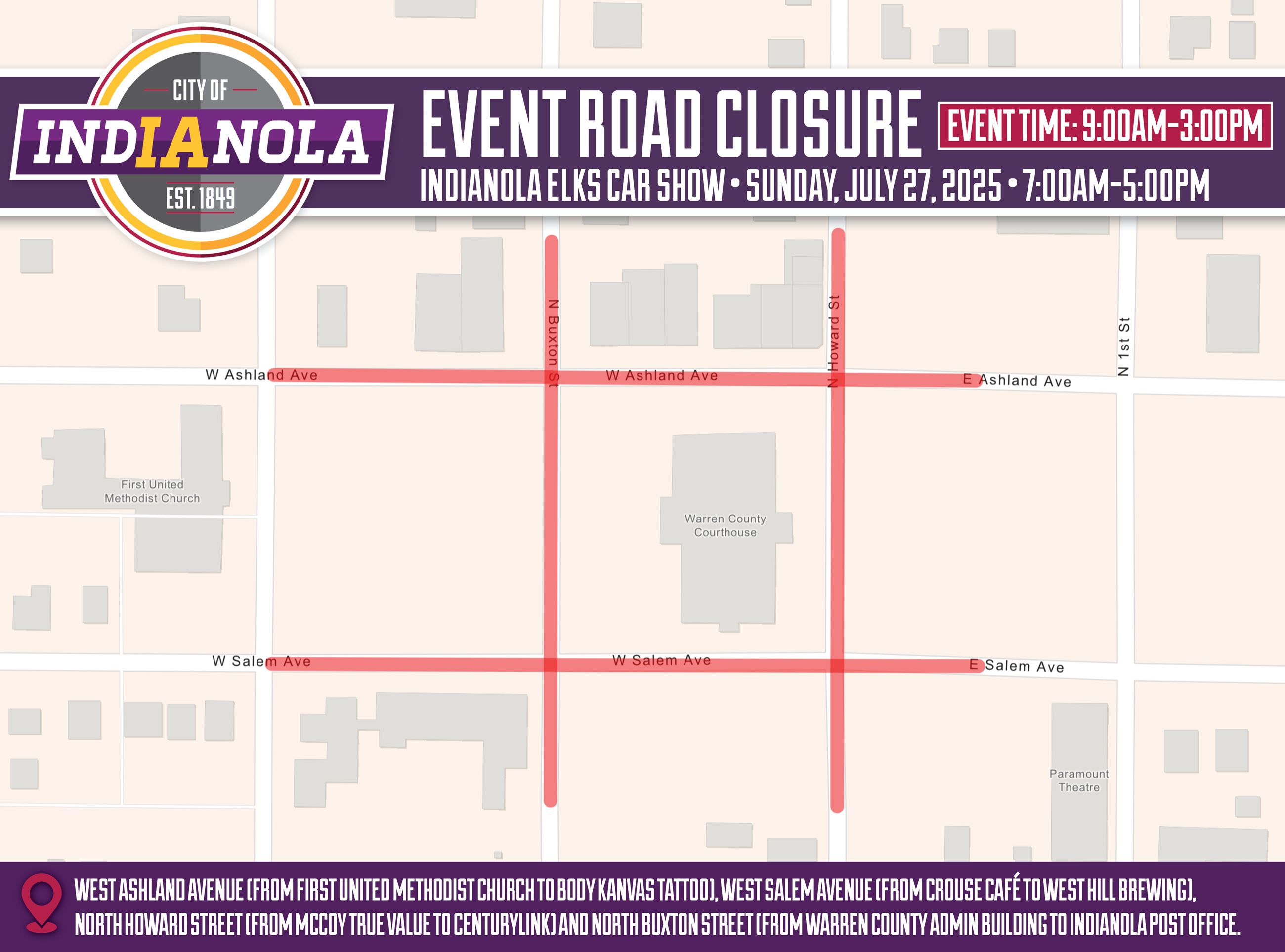 Aerial for road closures of Indianola Elks Car Show in Indianola, Iowa, on Sunday, July 27, 2025.