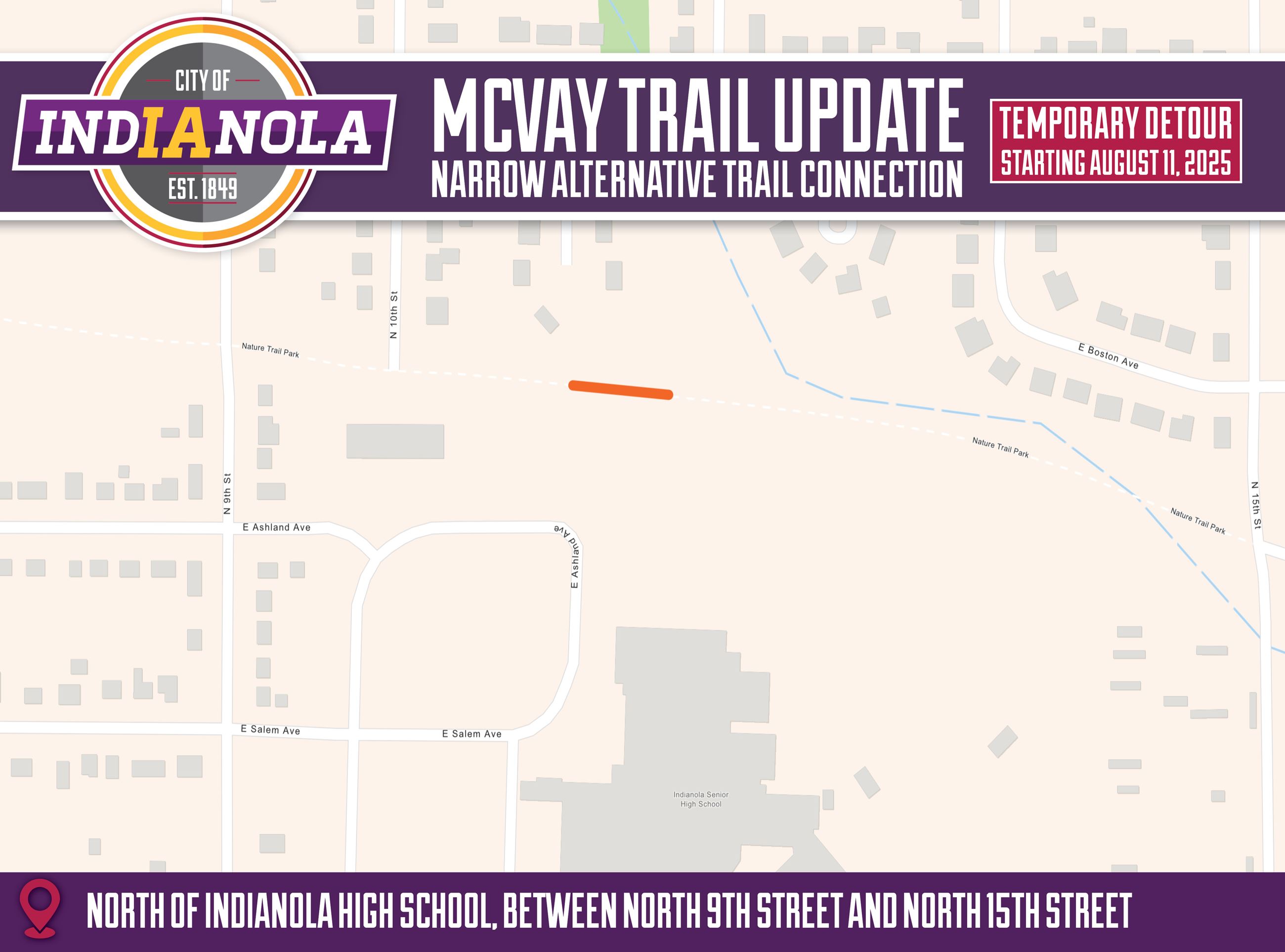 Aerial map of the narrow alternative connection for section of McVay Trail starting Aug. 11, 2025