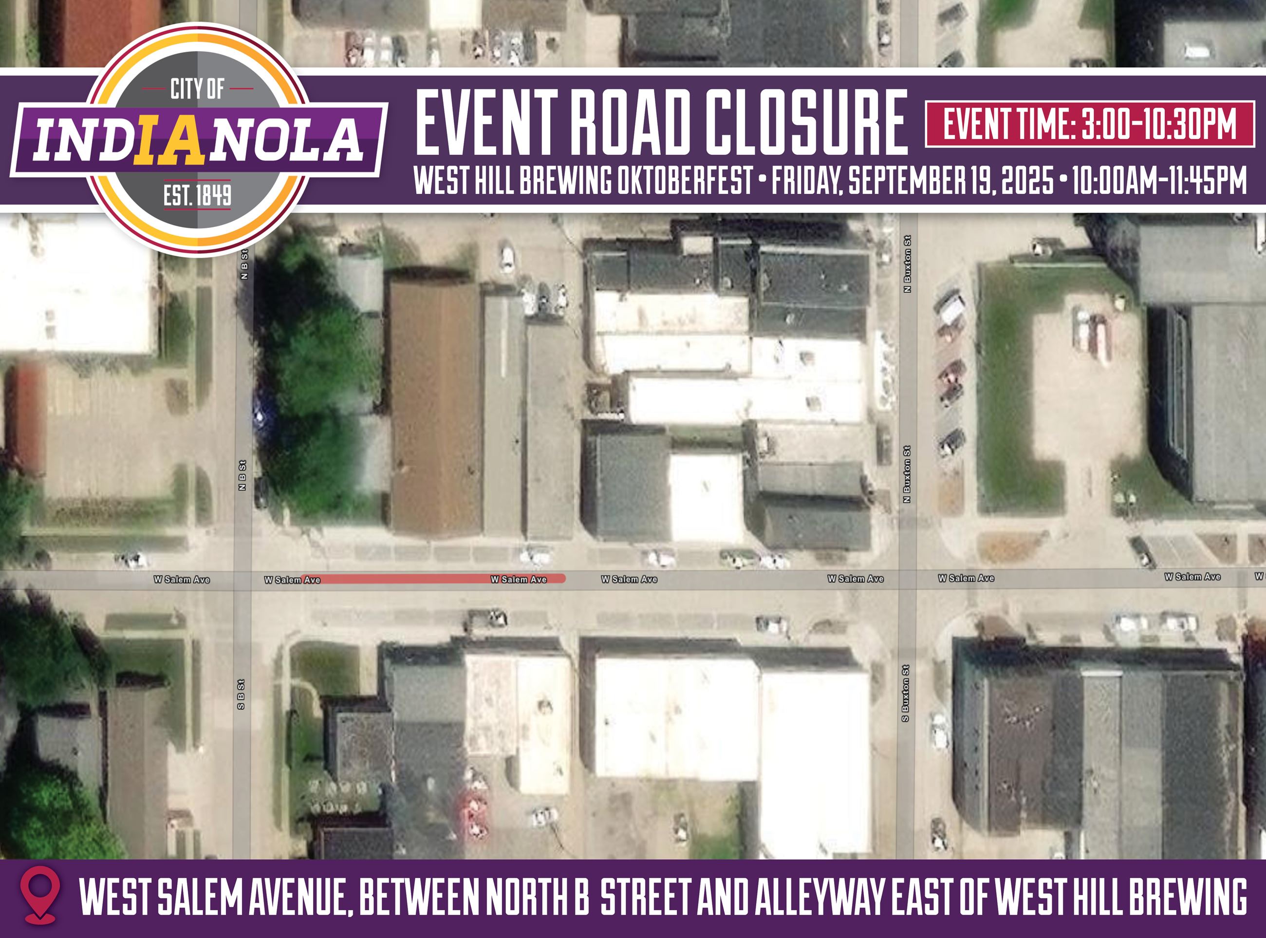 Aerial map overview of the road closure for the West Hill Brewing Oktoberfest on Sept. 19, 2025.