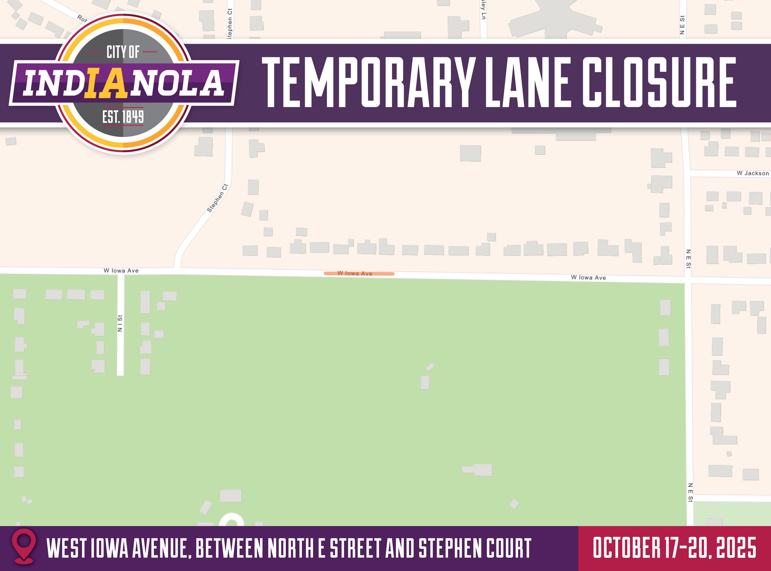 Aerial map overview of the lane closure on West Iowa Avenue between N E Street and Stephen Court.