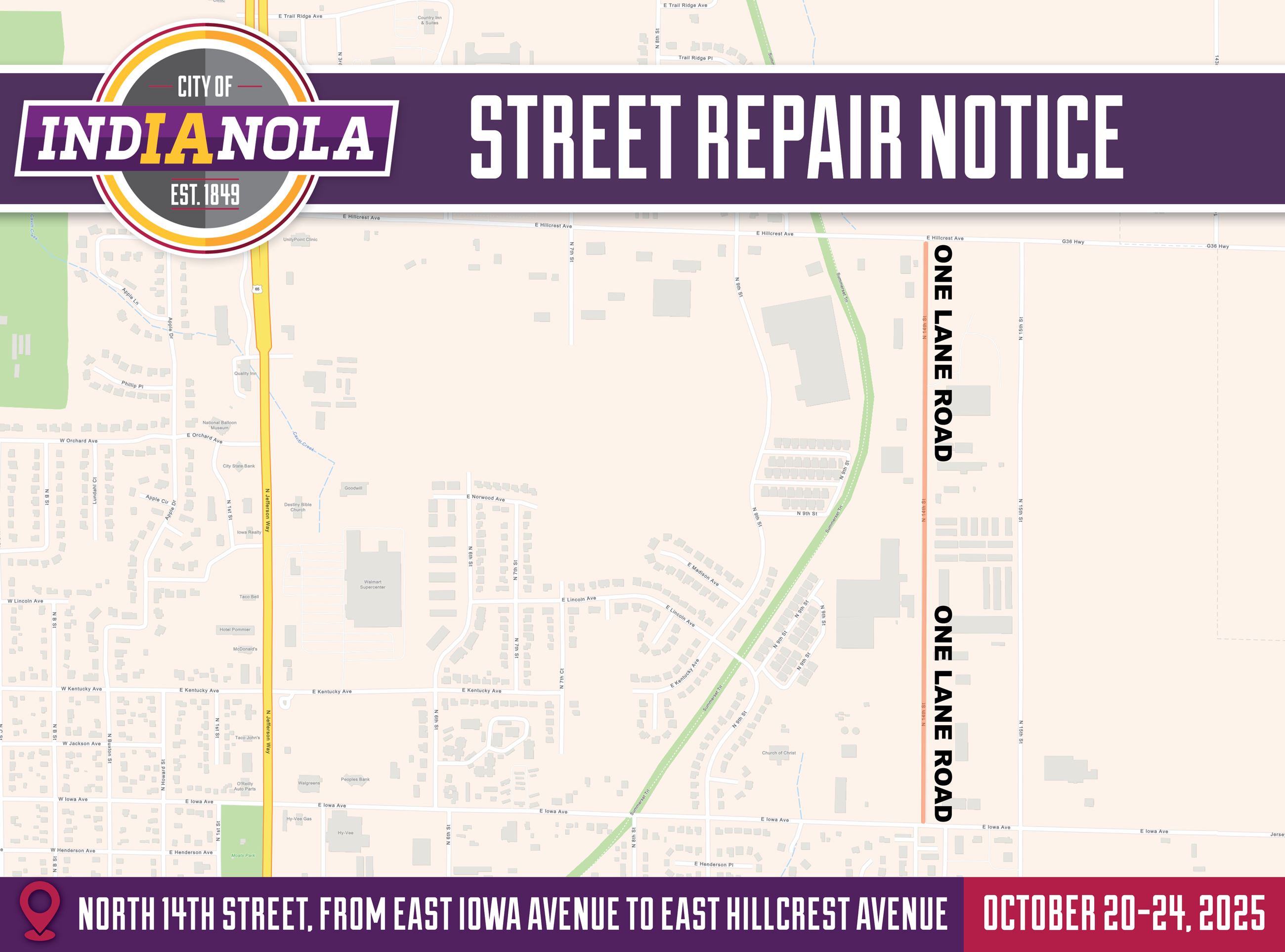 Aerial map overviews of street repairs planned for N 14th Street between Iowa and Hillcrest Avenues.