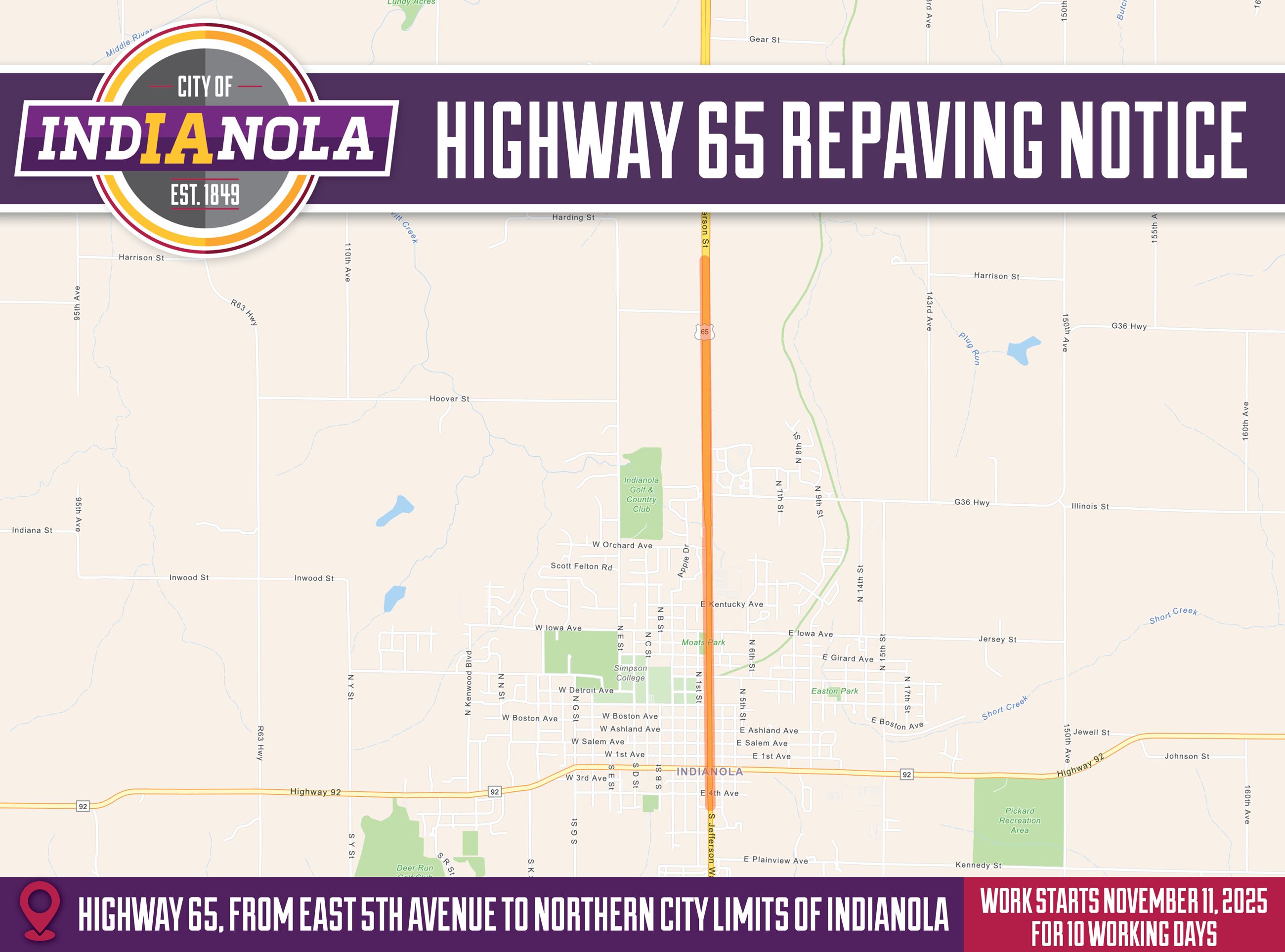 Aerial map overview of the repaving work set to start November 11, 2025, in Indianola on Hwy 65.