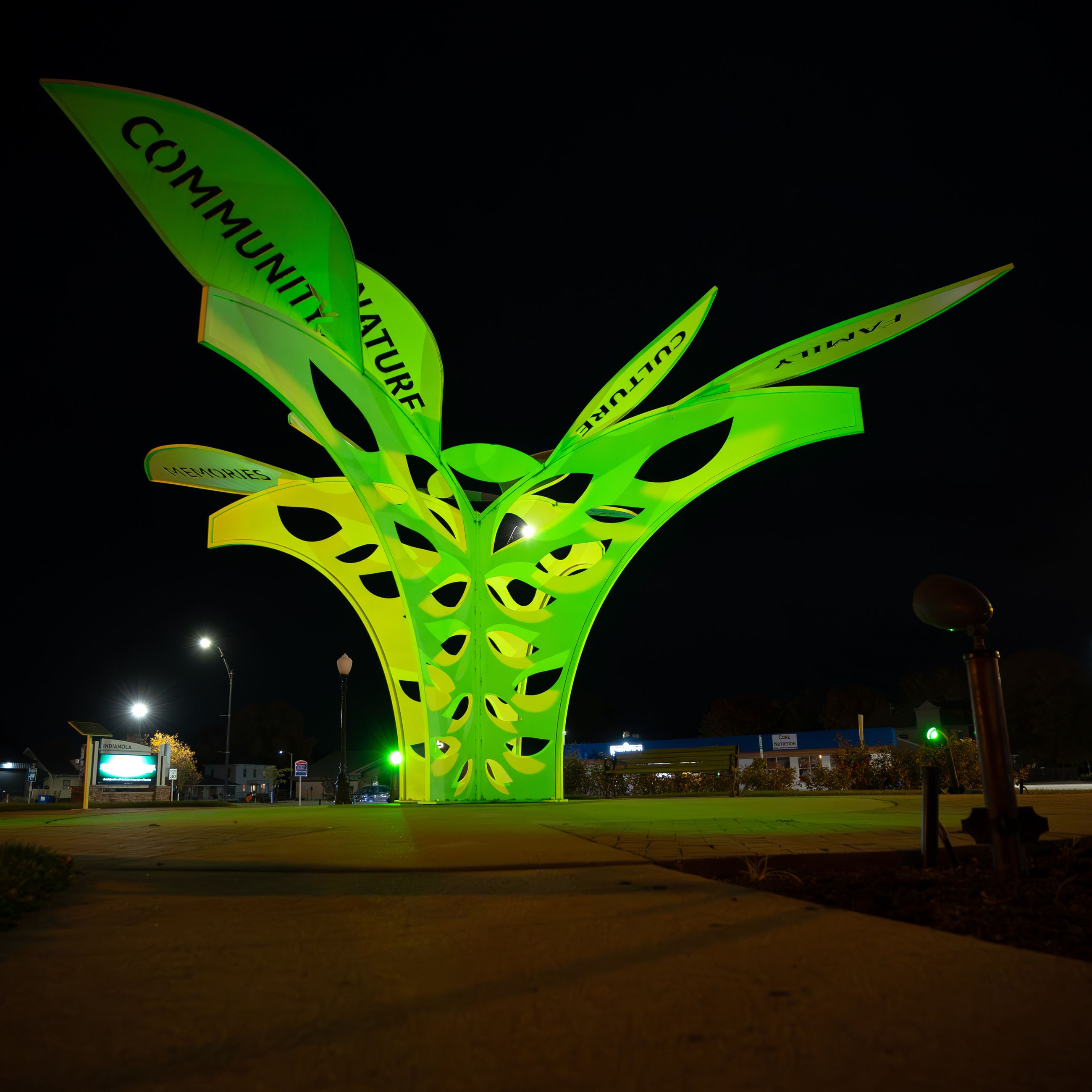Green lights light up the Tree of Life sculpture in Indianola outside City Hall.