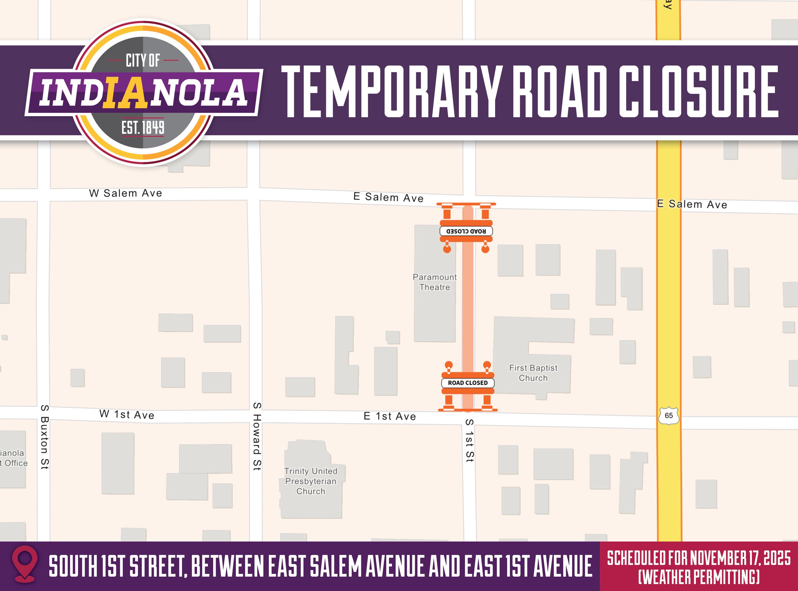 Aerial map overview of a road closure on S 1st Street between East Salem Avenue and East 1st Street.