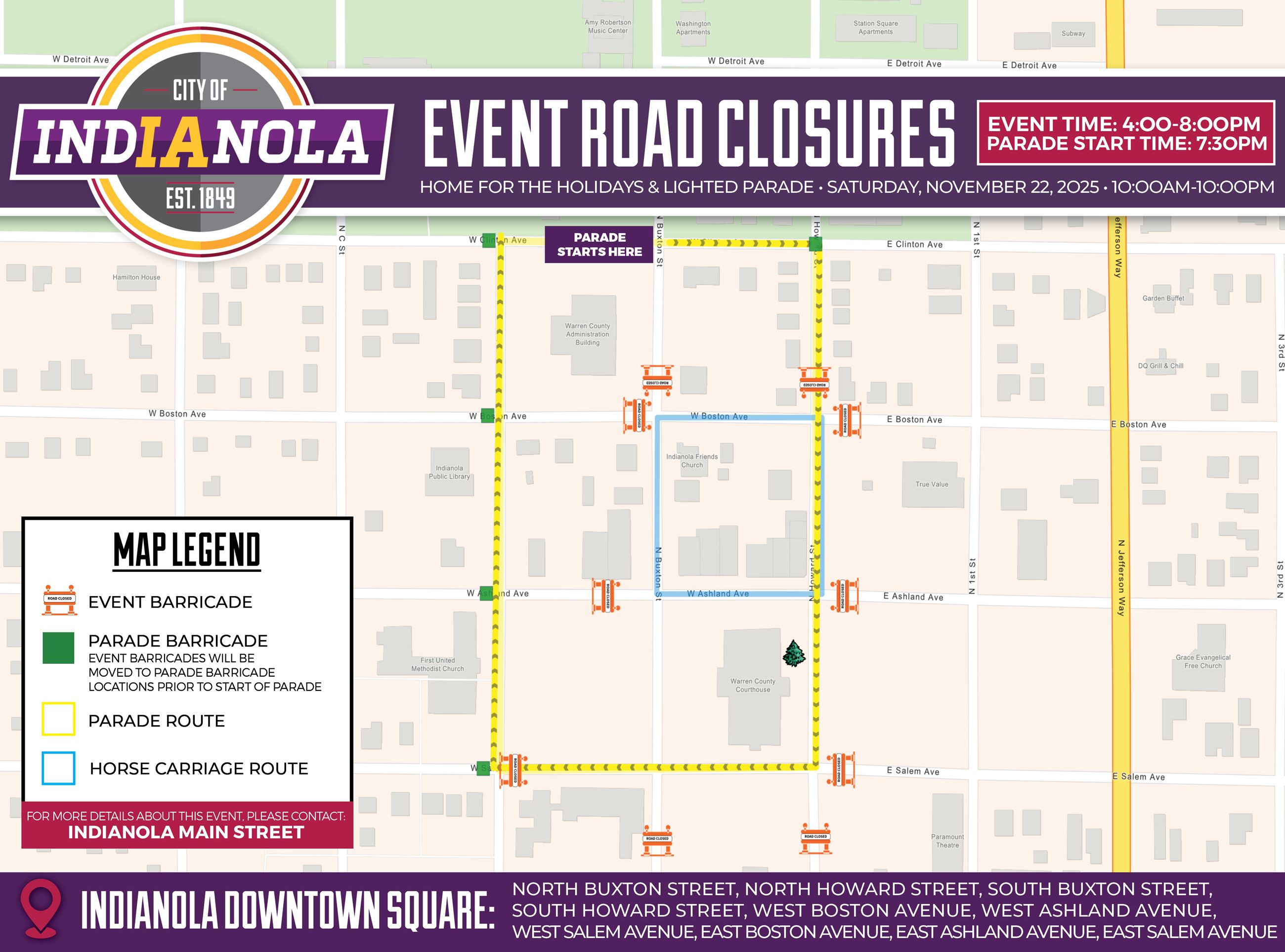 Aerial map overview of the Home for the Holidays & Lighted Parade event and closures Nov. 22, 2025.